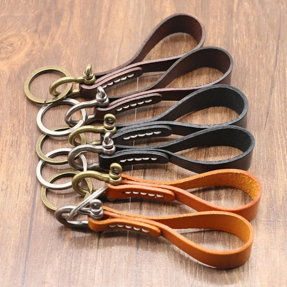 Simple Handmade High Quality Cowhide Keychain Leather Car Key Lanyard Retro Copper Horseshoe Buckle Key Ring Pendant Gift
