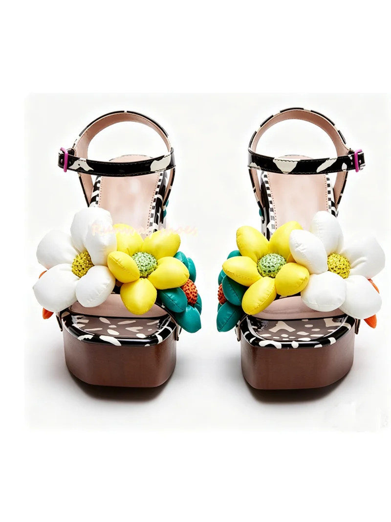 Square Head Open Toes Color Flowers Decorative Luxury Women's Shoes Water Proof Platform Chunky High Heels Banquet Women's Shoes