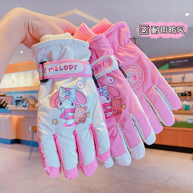 Sanrios Kuromi Child Ski Gloves Autumn Winter Cute Anime Figure Kawaii Cartoon Keep Warm Velvet Thicken Girl Water Proof