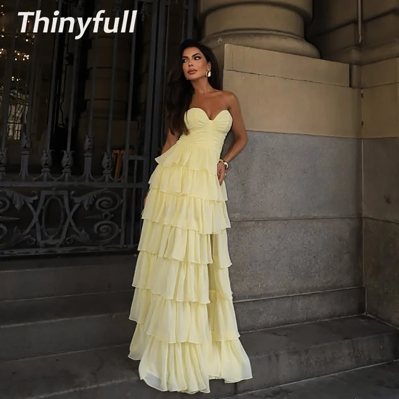 

Thinyfull A-line Chiffon Arab Prom Dress Sleeveless Sweetheart Tiered Evening Dresses Long Gown Robe De Soirée Customized