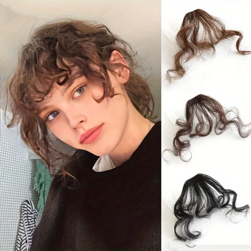 

Sunslymei Fake Synthetic Curly Air Bangs Clip-In Hair Extension Fringe False Blunt Hairpiece for Women Clip In Front Hair Bangs