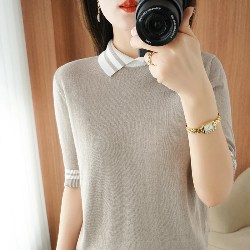 Summer New Half-sleeved Women Polo Collar Sweater Slim 100% Cotton Color Contrast Pullover T-shirt Knitted Base Casual Sweater