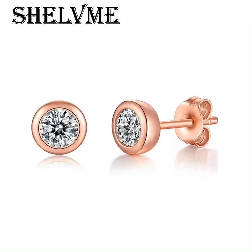 SHELVME Bubble Round 0.5ct Moissanite Diamond S925 Sterling Silver Fashion Personality Rose Gold Stud Earrings Women\'s Jewelry