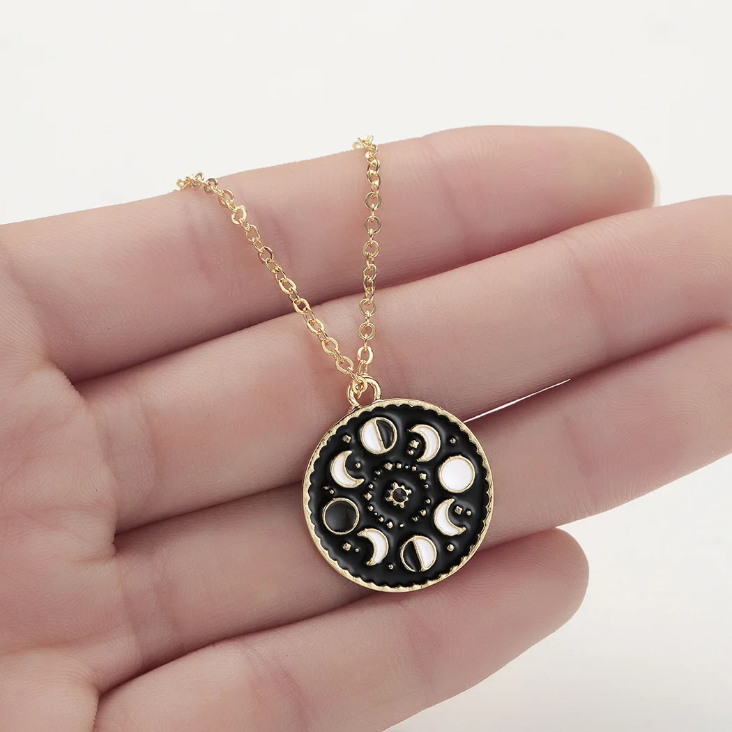 Fashion Lunar Cycle Moon Phase Stainless Steel Chain Black Enamel Pendant Necklace Round Galaxy Necklace For Women Men Jewelry