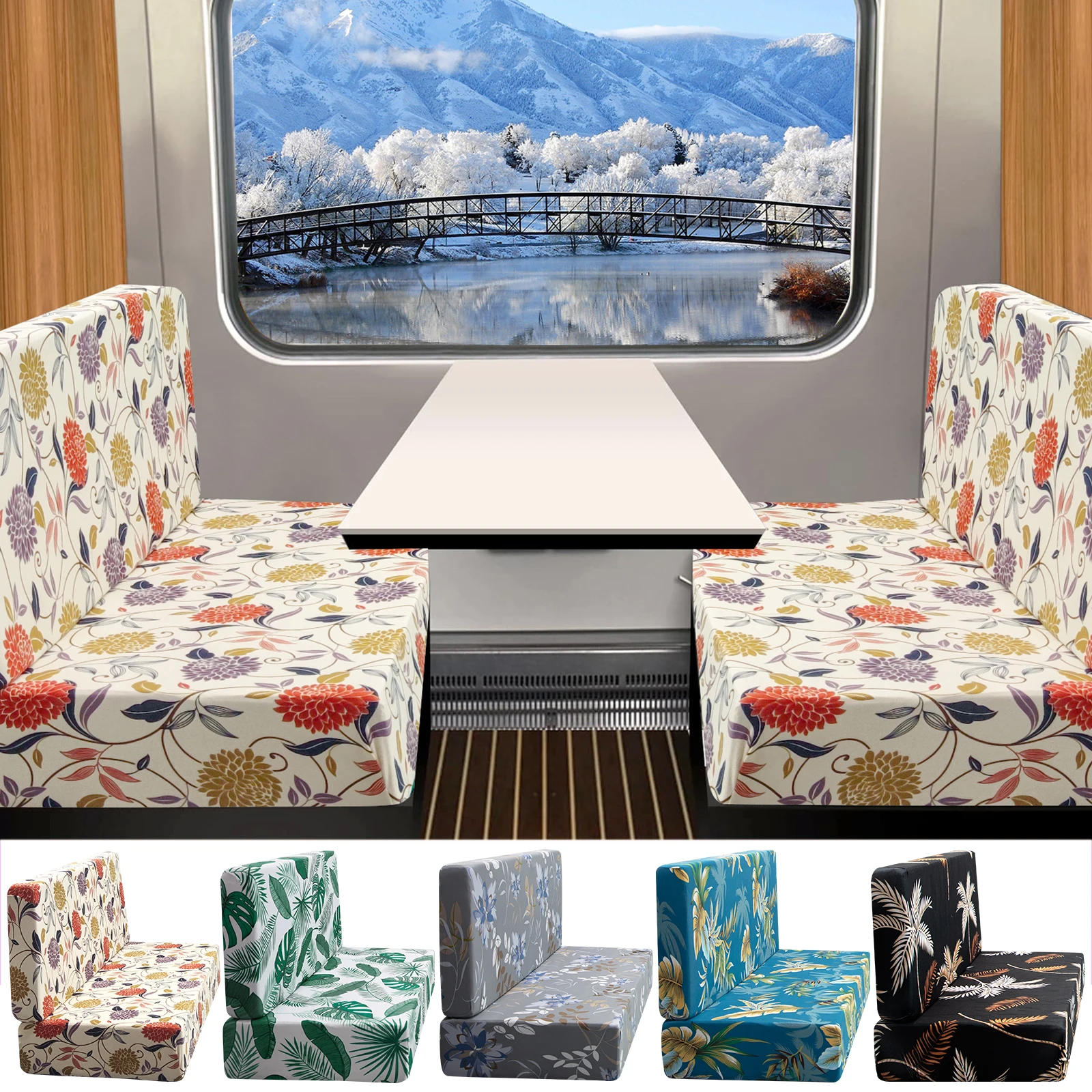 Stretch Printed RV Dinette Couch Cushion Covers Sofa Seat Cover Protector Slipcovers with Elastic Bottom for RV Camper Car Bench