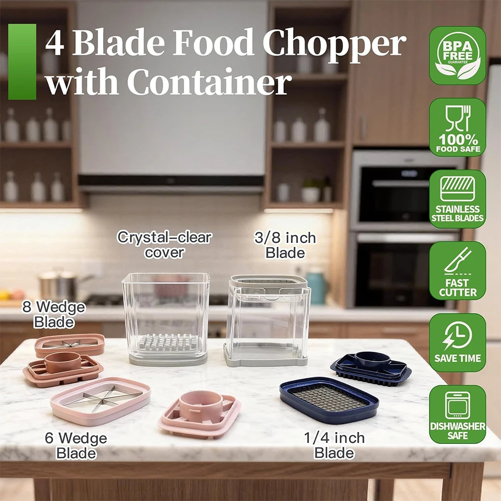 LMETJMA 4 in 1 French Fry Cutter Potato Slicer with Container Manual Vegetable Chopper with 4 Blades Potato Cutter for Fries