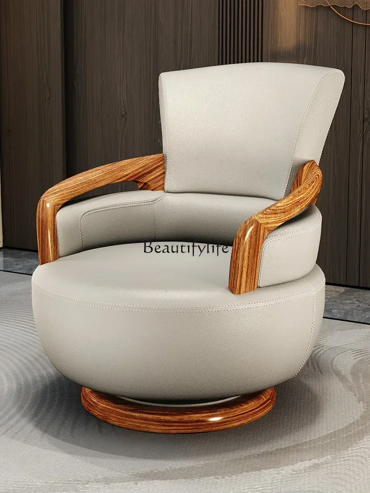

New Chinese Style Ugyen Wood Leather Lounge Chair Solid Wood 360 Degrees Rotating Wingback Chair