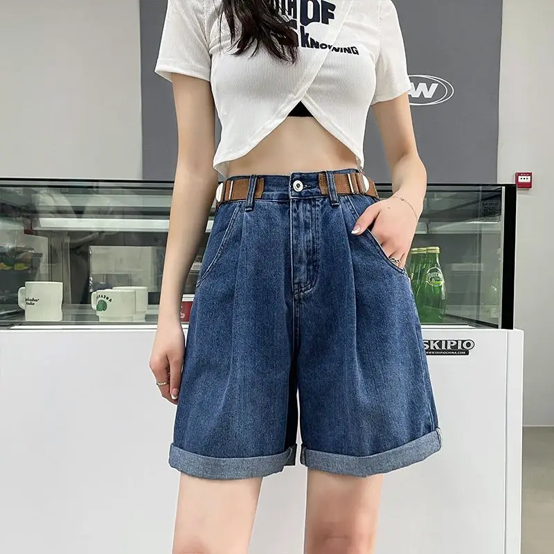 

2024 Women's Summer Fashion High Waist Loose Shorts Female Casual Wide Leg Denim Shorts Ladies Thin Pockets Short Pants H174