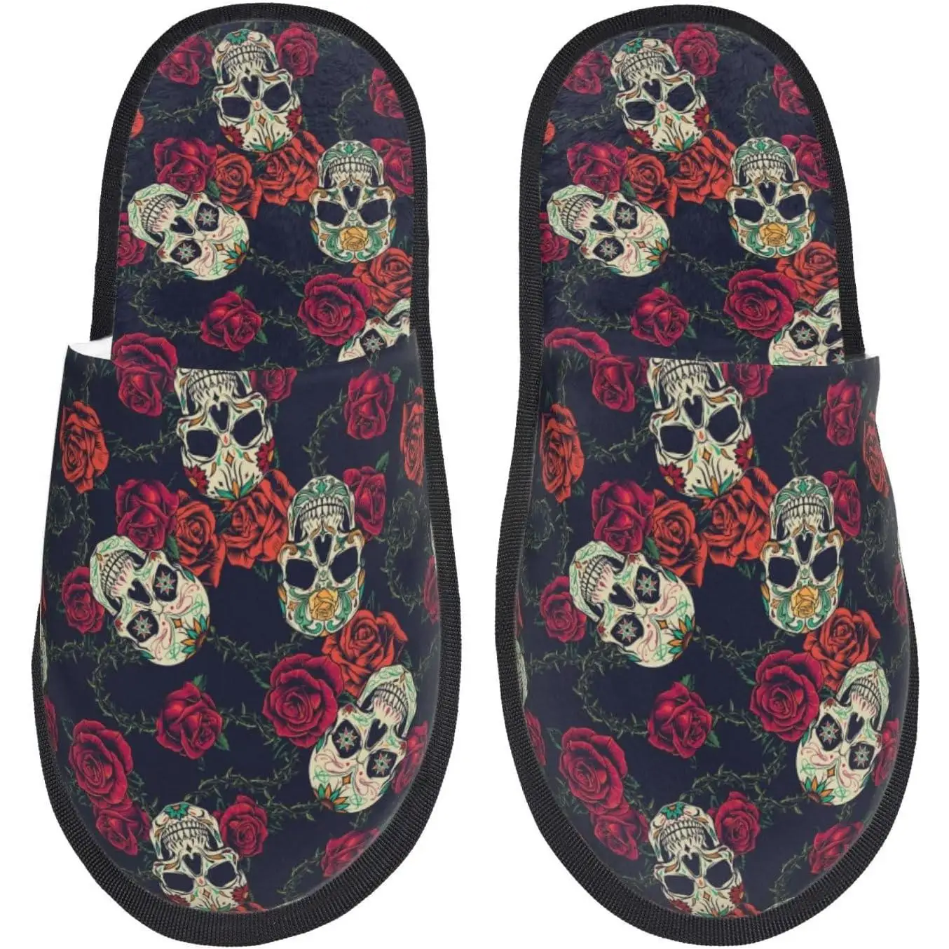 

Roses Skulls Print Women'S Fuzzy Slip On Indoor Outdoor Winter House Slippers Fuzzy Slippers Wonderful Time Warm Furry Slippers