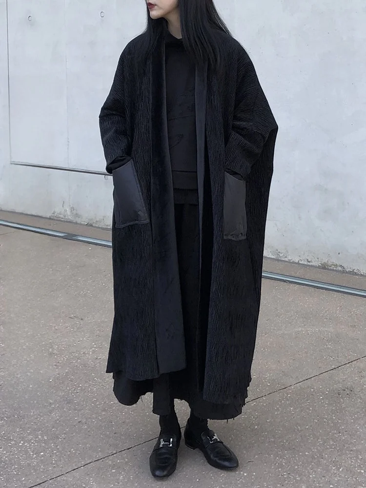 Land And Mountain Island Winter New Black Jacket Textured down Large Pocket Small Crowd Mid-Length Fleece-Lined Coat