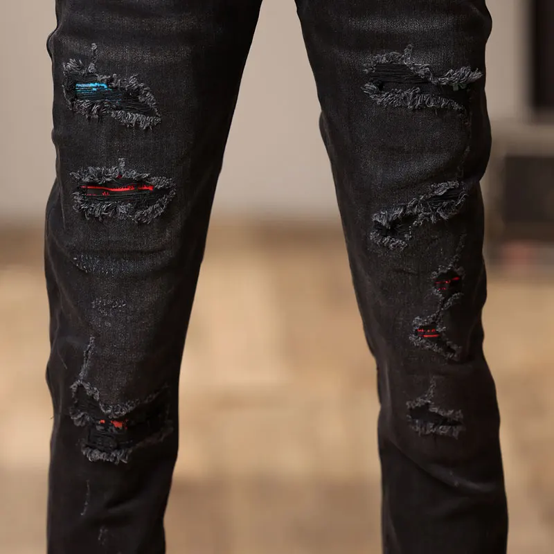 Street Fashion Men's Black Jeans Elastic Tight Retro Split Jeans Men's Patch Designer Hip Hop Jeans Pencil Pants Hombre