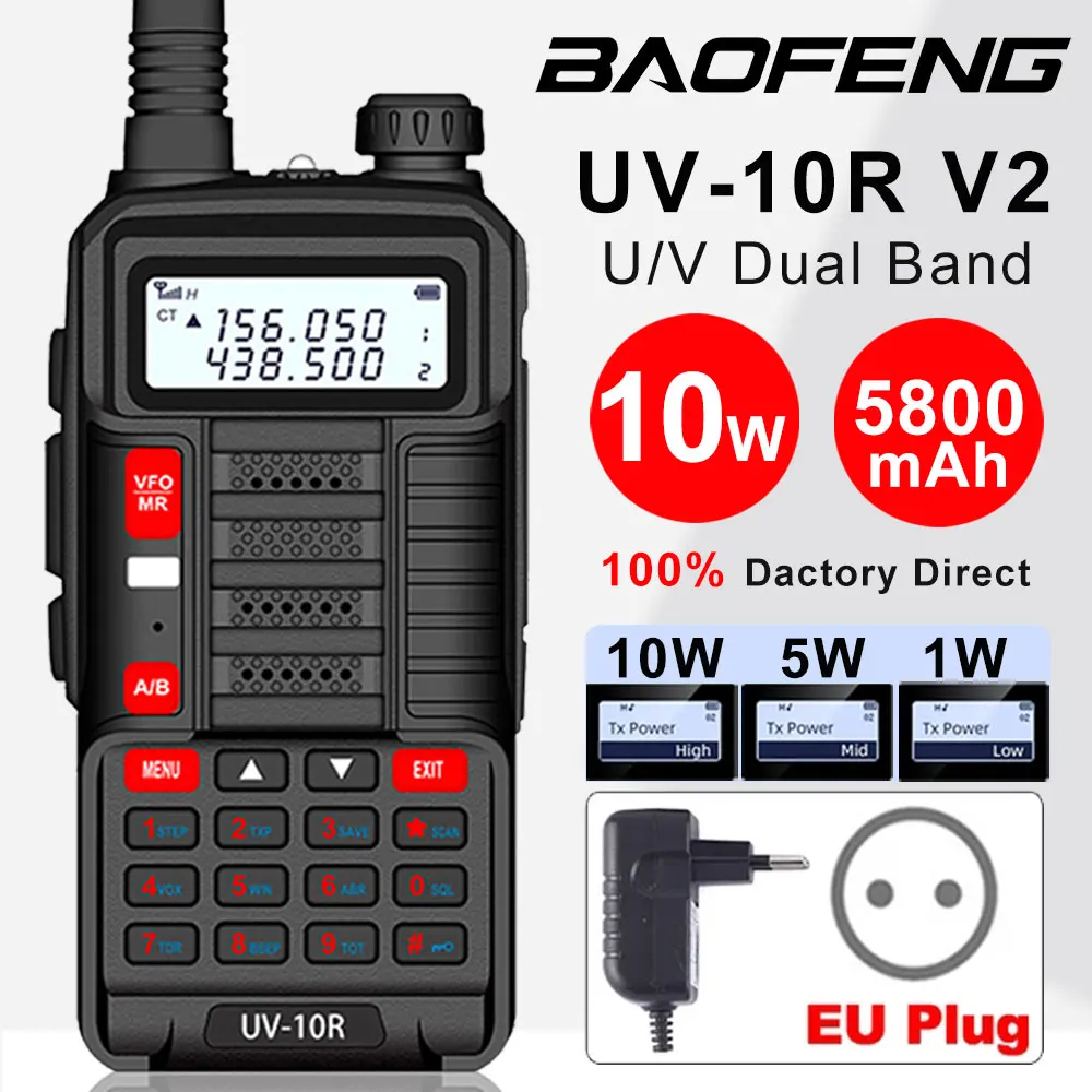 2024 BaoFeng UV-10R V2 10W Portable High Power Walkie-Talkie VHF UHF Dual Band Two Way CB Ham Radio Transceiver Two Way Radios