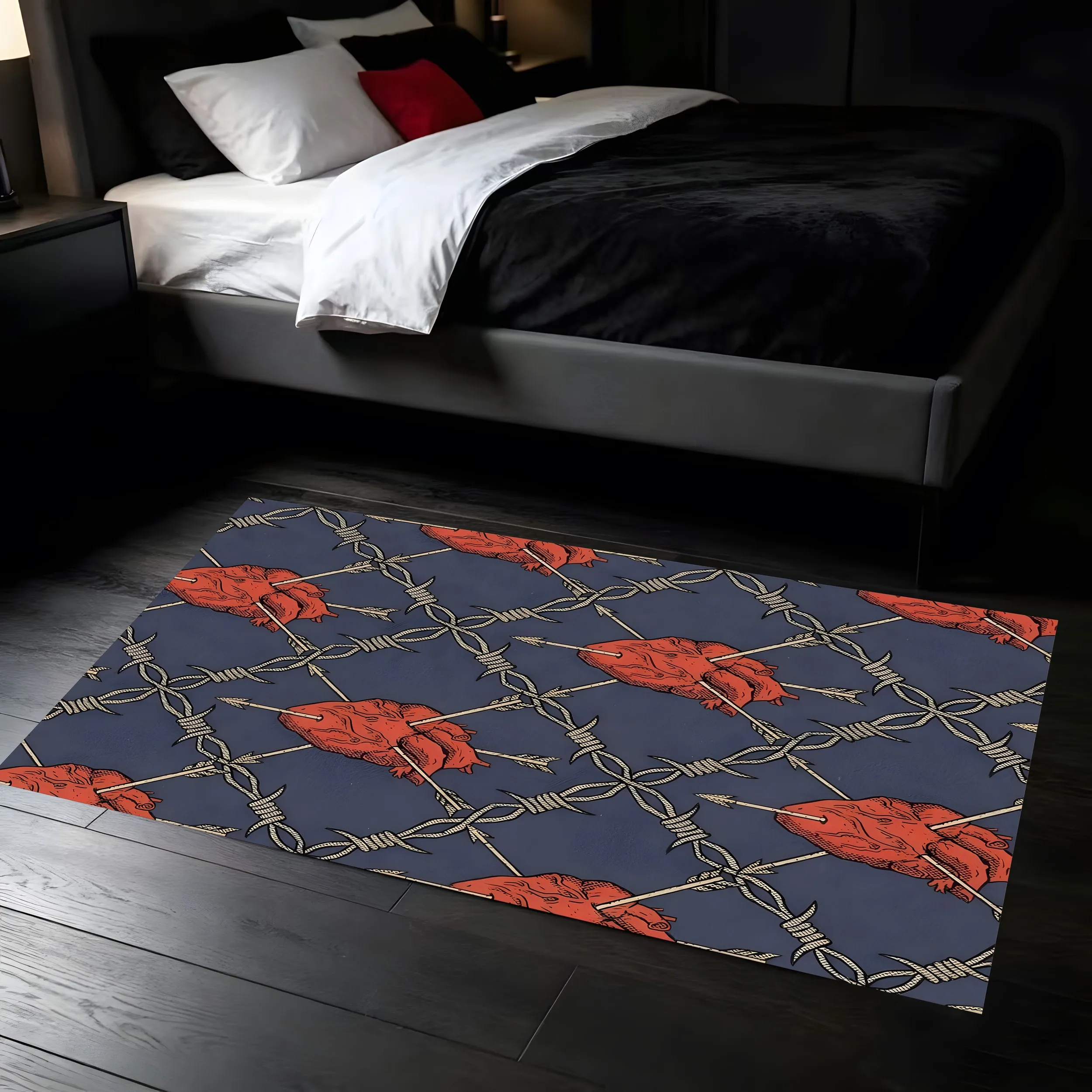 Heart Wire Mesh Diamond Print Punk Dark Velvet Rug for Halloween Gaming Room Bedroom Entryway Trendy Personalized Decor