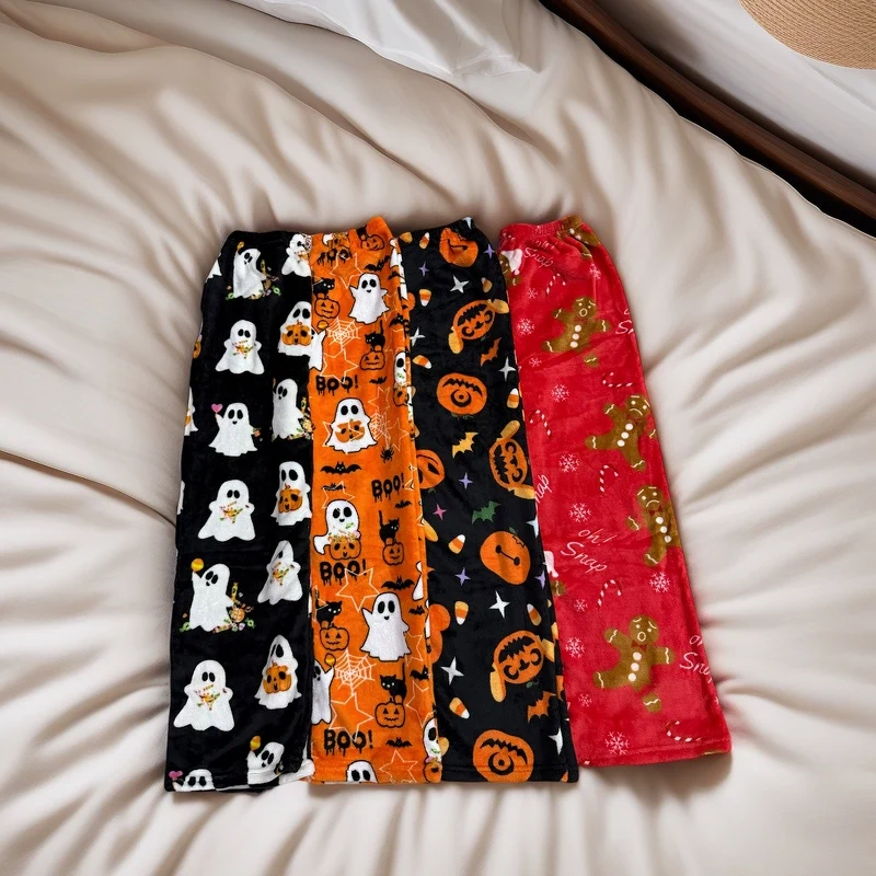 

Women's Halloween Cartoon Flannel Bathrobe Pants for Autumn and Winter with Fleece for Warmth and Casual Wear at