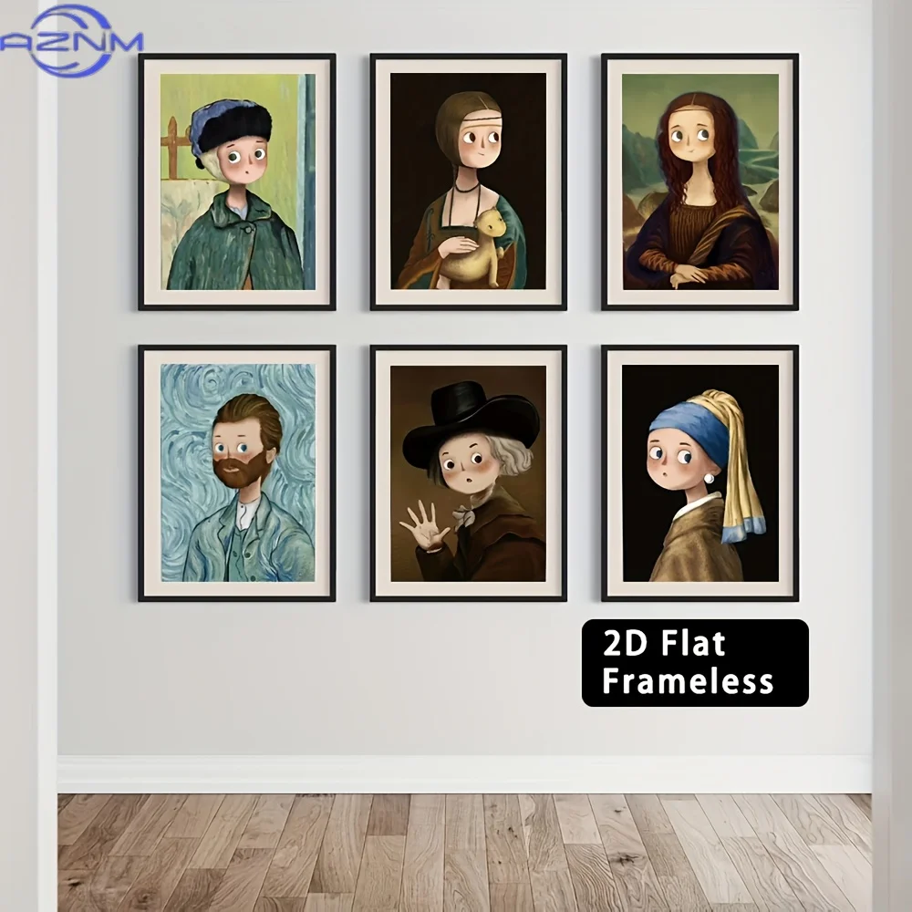 6pcs Frameless Cartoon Style Masterpiece Replica Set - Modern Canvas Paintings, Frameless Wall Decoration, Suitable for Living R
