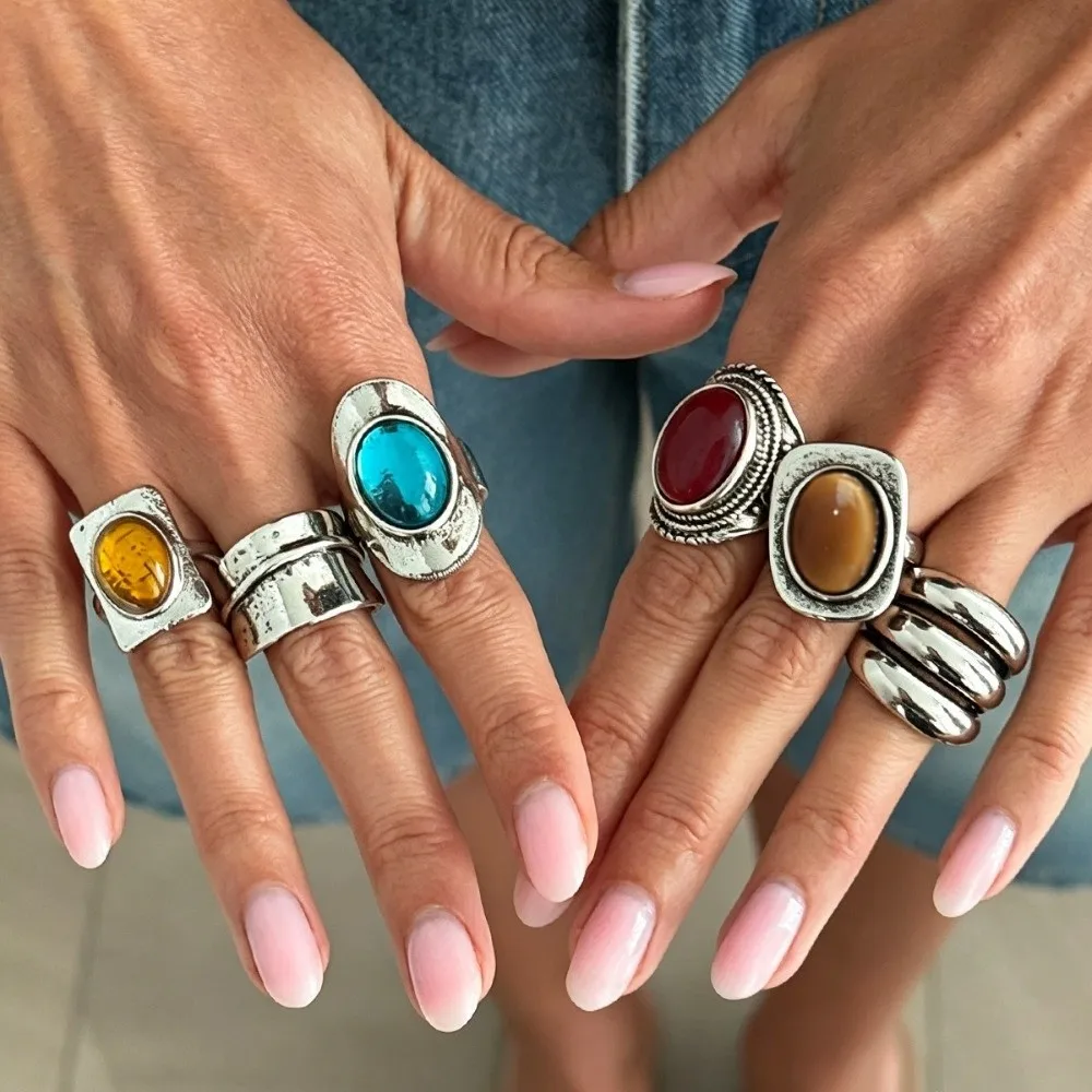 6Pcs/set Antique Silver Tone Wide Band Ring Inlaid Resin Stone Geometric Design Hollow Carved Ring Wide Surface Stackable Band