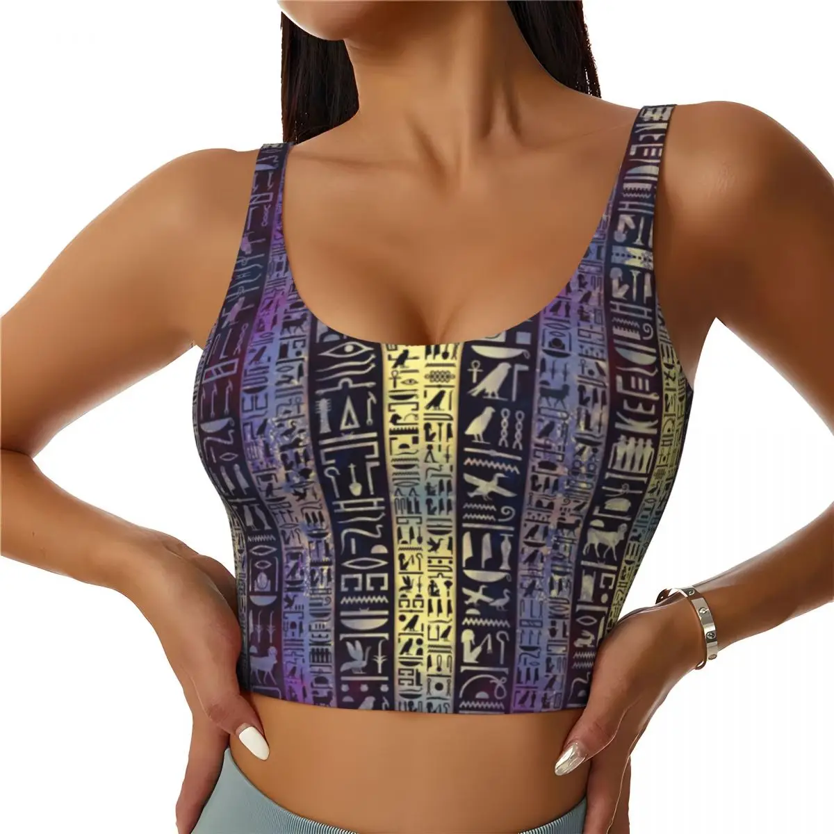 Custom Egyptian Hieroglyphs Purple Workout Crop Tank Tops Women Egypt Art Yoga Sports Bras