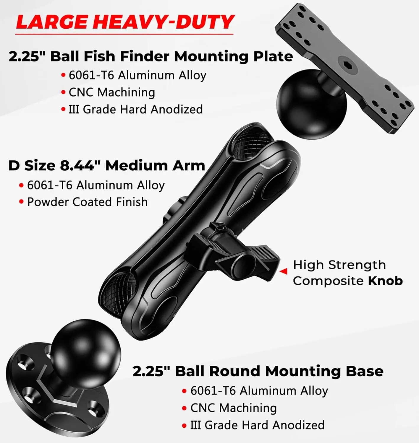 حامل مكتشف السمك كبير من سبائك الألومنيوم مقاس 2.25 بوصة، ذراع متوسط 8.44 بوصة، متوافق مع Garmin، Lowrance، Humminbird