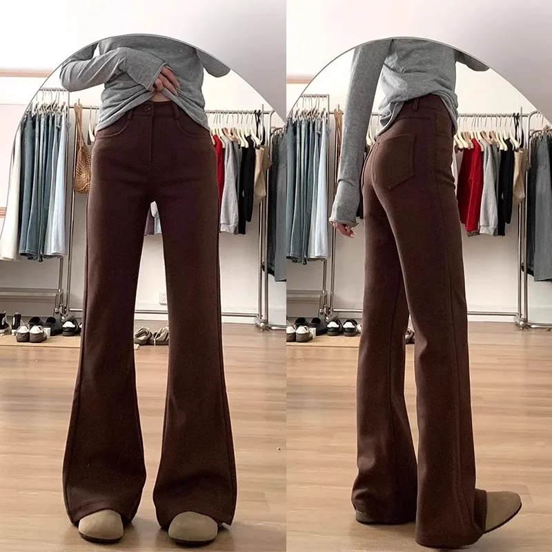 Spring New Style Women's High Waist Slim Fit Jeans Coffee Color Micro Flared Elastic Denim Pants Long Leg Length Cotton Stretch