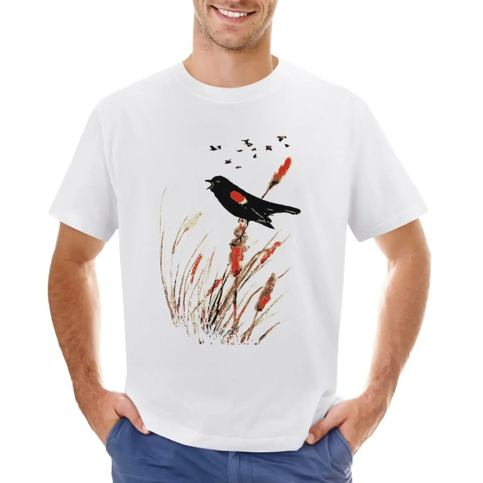 Watercolor Red Wing Blackbird Bird Nature Art T-Shirt quick drying oversizeds boys animal print mens plain t shirts