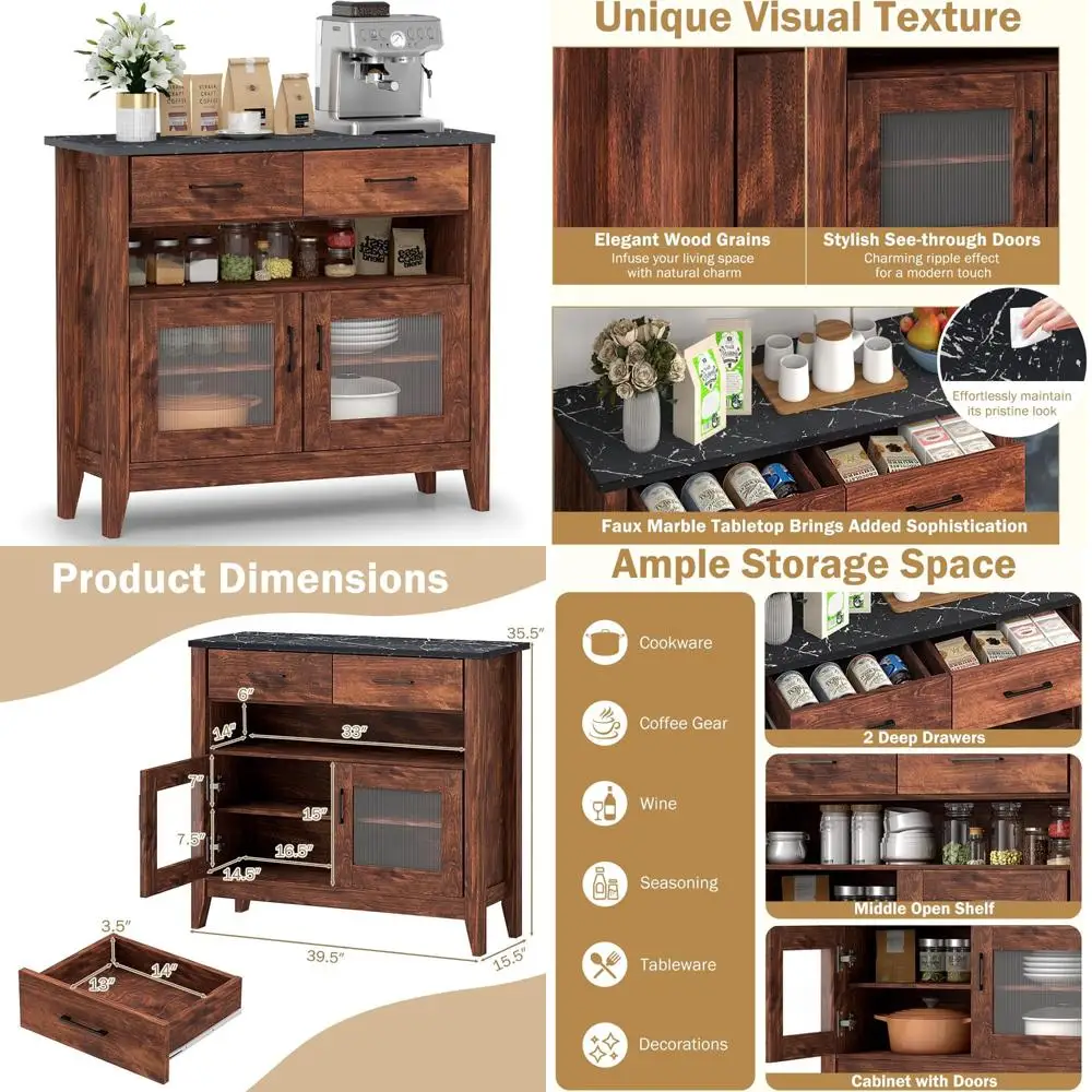 

Sideboard Buffet Cabinet with 2 Drawers, Open Compartment, 2 Doors, Adjustable Shelves, Faux Marble Finish