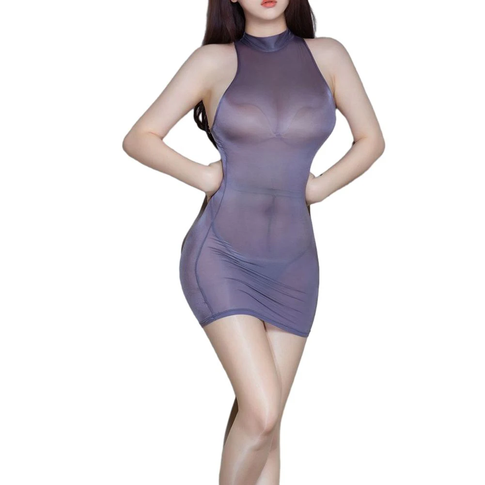 

Women Dress 40-60kg Transparent Hip-covering Medium Elasticity Nylon Oily Glossy Pencil Dress Solid Color Tight