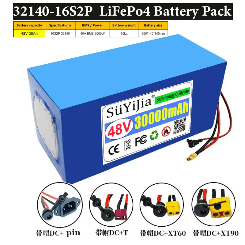 48V 30Ah 16S2P LiFePo4 Battery Pack 32140 Built in BMS 0-2000W Motor High Power Lithium Iron Phosphate Battery