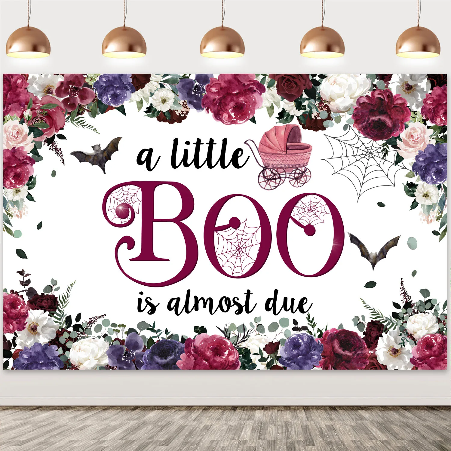 

Halloween Baby Shower Backdrop for Girl Ghost, A Little Boo Is Just Due Spooky Photo Background, Purple Flower, Retro Party Deco