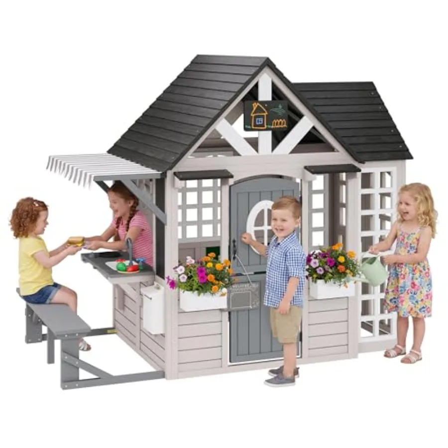 Outdoor wooden playhouse for backyard use, natural wood color, durable construction with kitchen playset, bench, chalkboard, pe