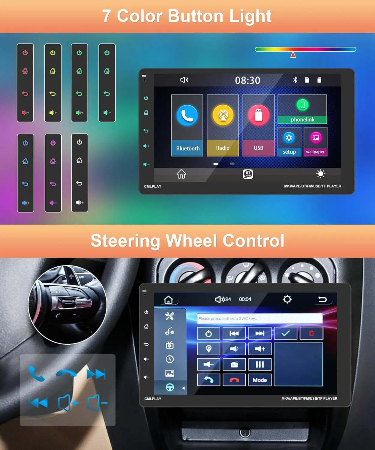 Autoradio touch screen da 9' con CarPlay, Android Auto, Bluetooth, FM, USB/TF/AUX, MirrorLink, telecamera di backup