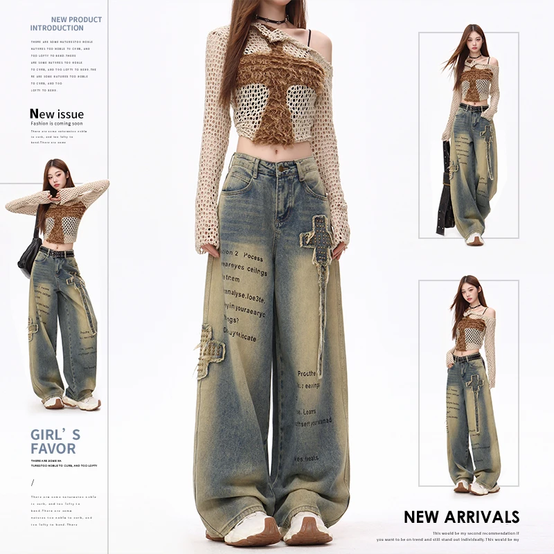 

Женские синие повседневные Y2K American High Street Harajuku Aesthetic 2000S Стиль Винтаж Широкие джинсы Брюки Одежда 2025 Новинка
