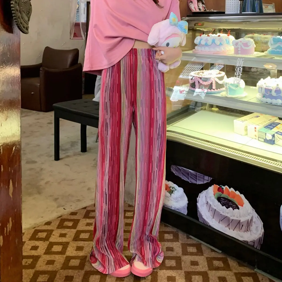 Pink themed niche wide leg pants for women in summer 2025, new high waisted striped casual outerwear straight leg pants