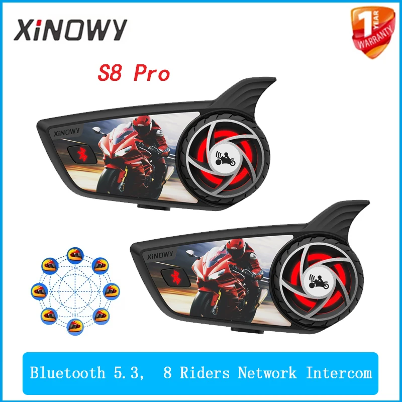 XINOWY S8 Pro Motorcycle Helmet Intercom Headset 8 Riders 500-1000M Bluetooth Network Interphone Supports Music Sharing/Mixing