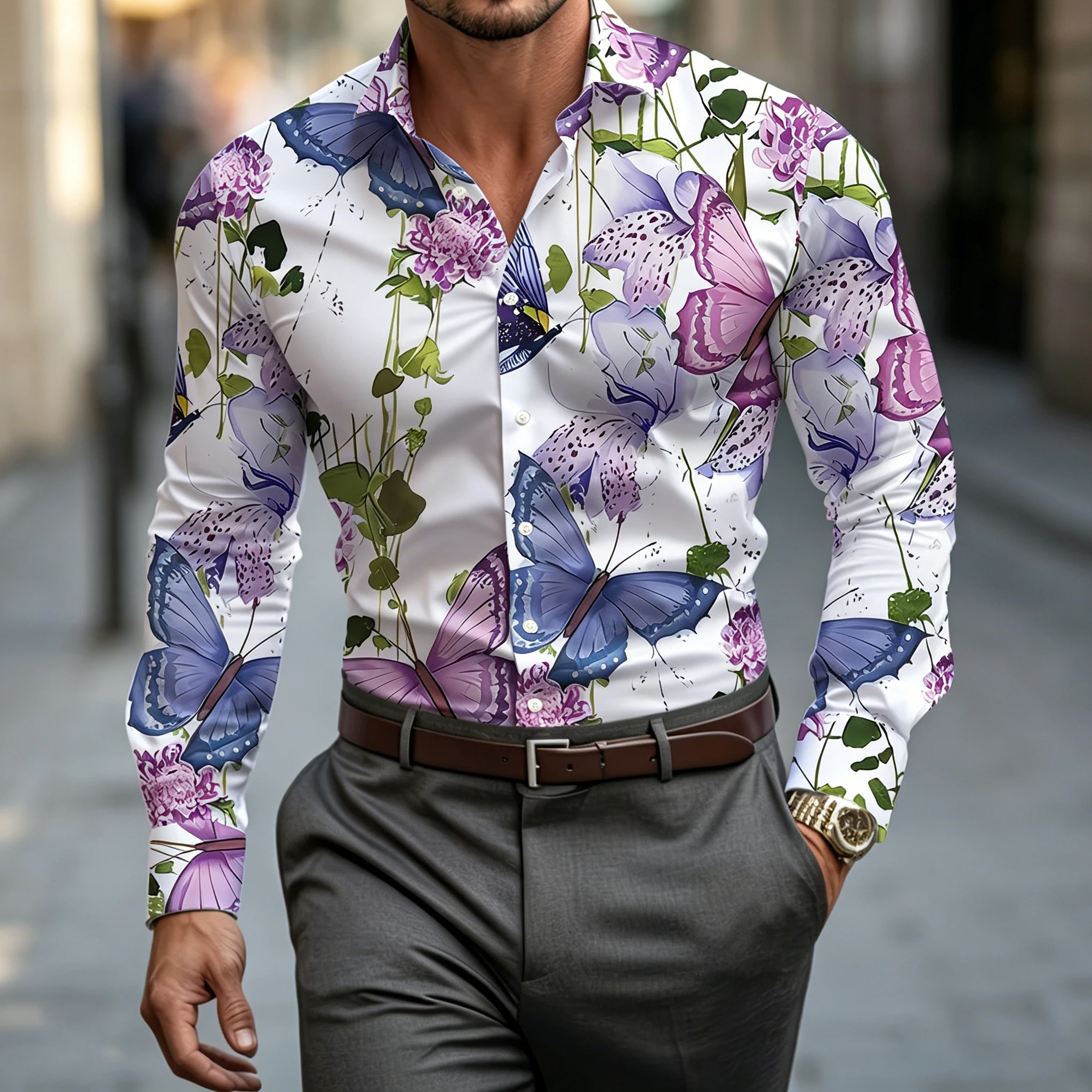 Men's collared slim-fit long-sleeved shirt, all-over floral print, flowy blouse, trendy cardigan for urban dates and vacations.