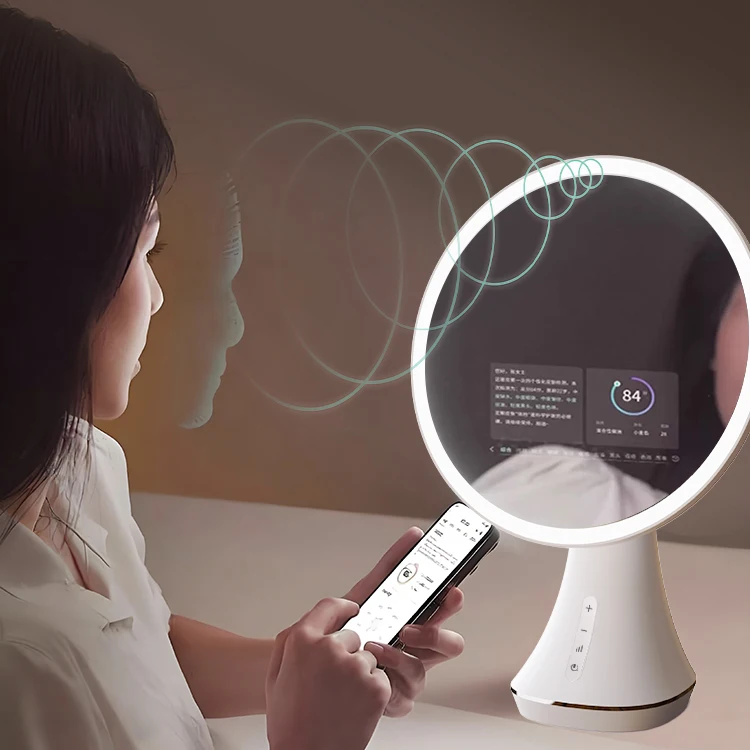 Specchio di bellezza AI 5X - Specchio per trucco LED intelligente con altoparlante Bluetooth e rilevamento della pelle AR, con controllo vocale