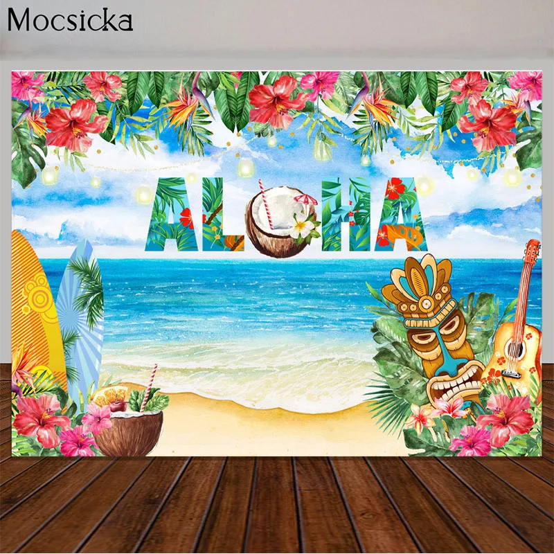 Toile de fond de photographie de plage hawaïenne de fleurs tropicales d'été, Bannière de décor de fête d'anniversaire et de douche de bébé, profitabilité ha, Luau