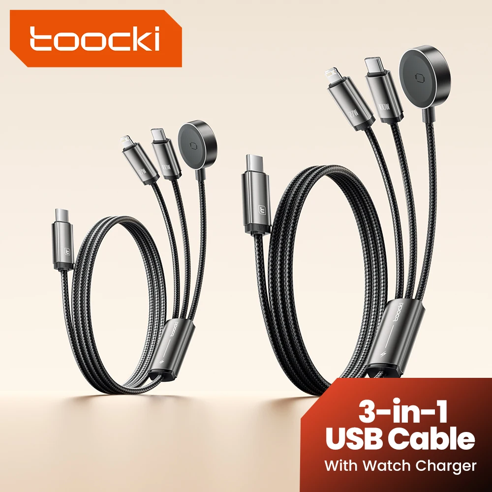 Toocki 3-in-1 USB Cable With Watch Charger For iWatch 100W Fast Charge Type C To Lighting USB C Cable For iPhone Samsung Xiaomi