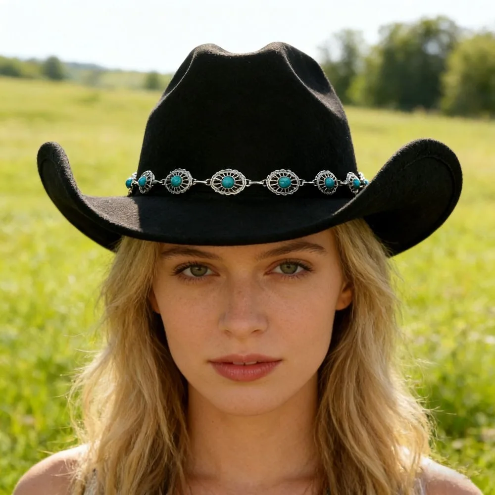 Turquoise Cowboy Hat Wide Curved Brim High Crown Felt Fedora Hat Unisex Metal Chain Decor Western Cowgirl Hat