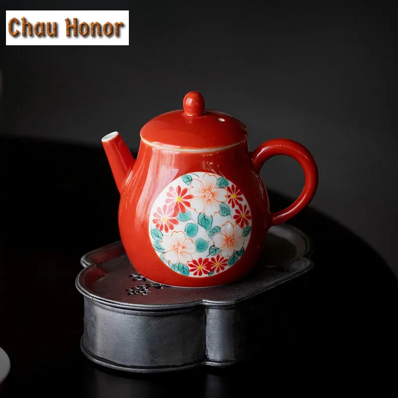 120ml Boutique Crimson Hand-painted Diffuse Flower Art Teapot Household Tea Making Single Ceramic Pot With Filter Hole Teaware