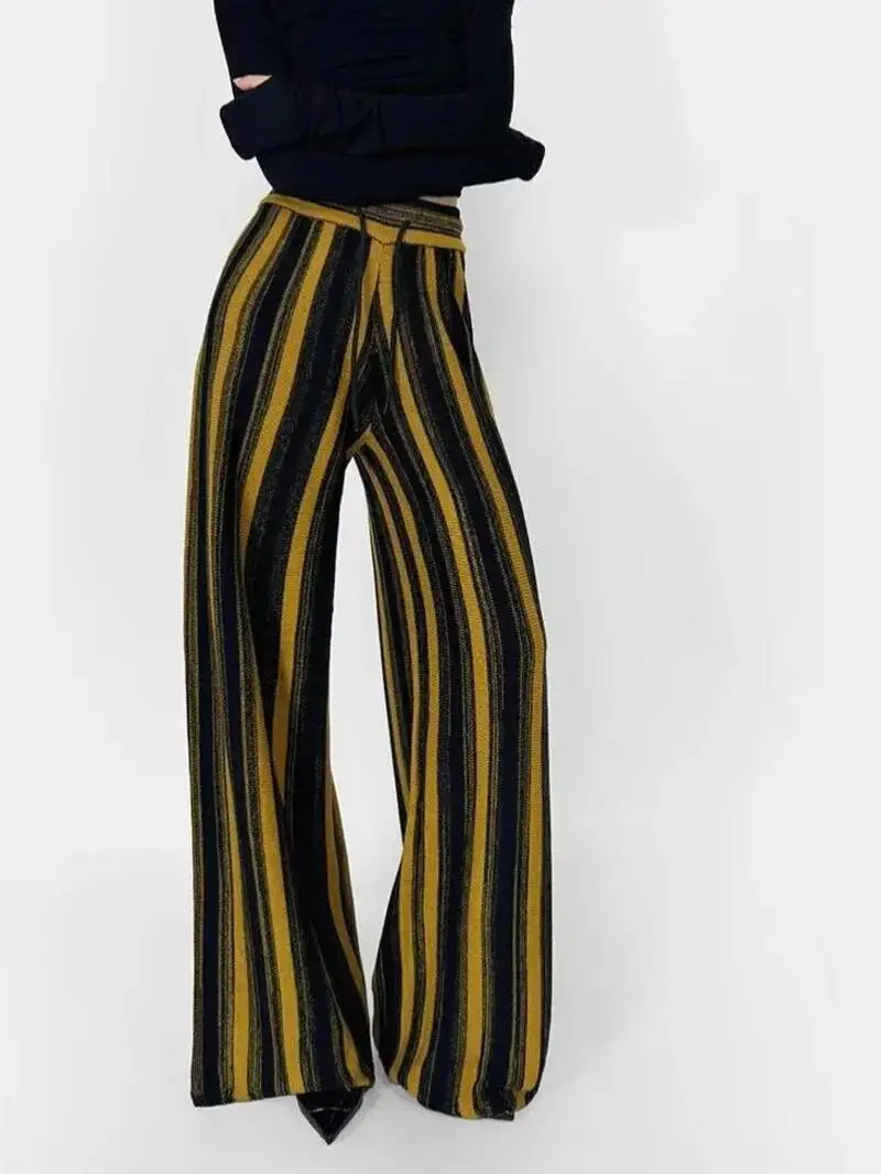 

Модные вязаные брюки в полоску свободного кроя с широкими штанинами для женщин, осень 2026, новинка, с высокой талией, на шнурке, контрастные цвета, повседневные брюки 4GAP