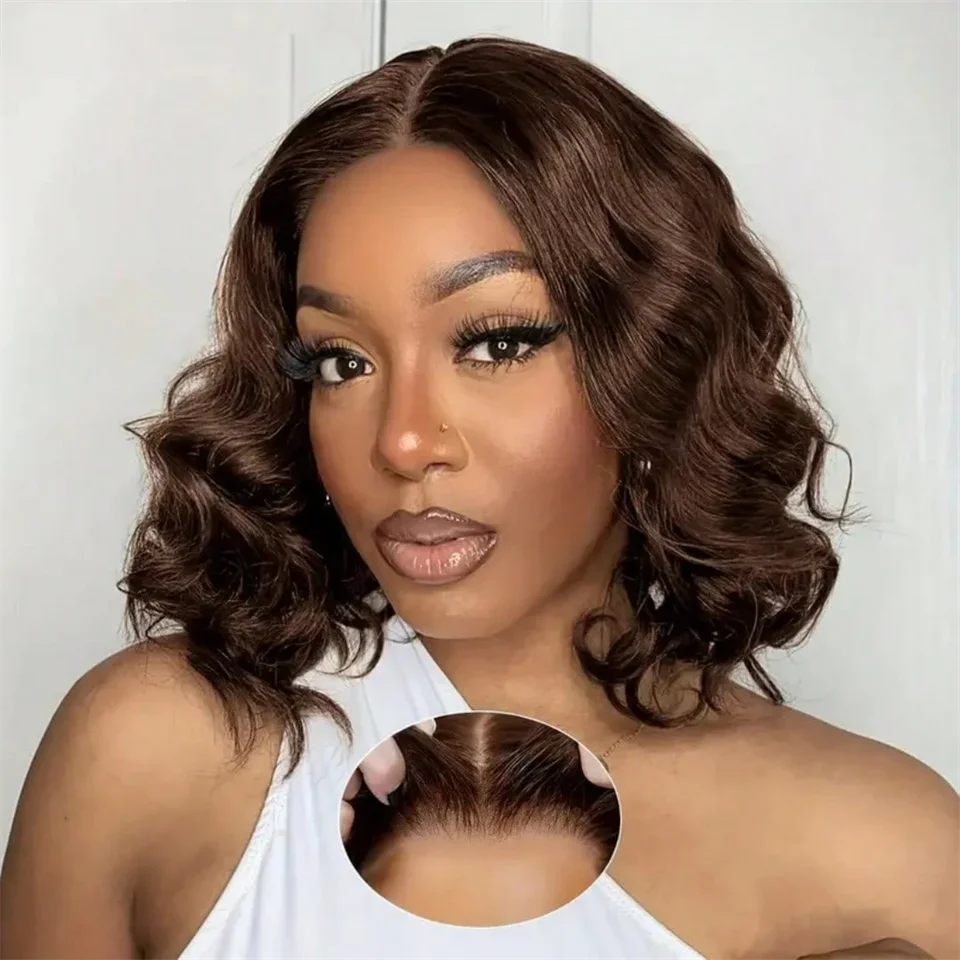 

Brown Body Wave Bob Glueless Wigs Human Hair Preplucked Chocolate Color HD Pre Cut Lace Wear And Go Body Wave Bob Wig Human Hair