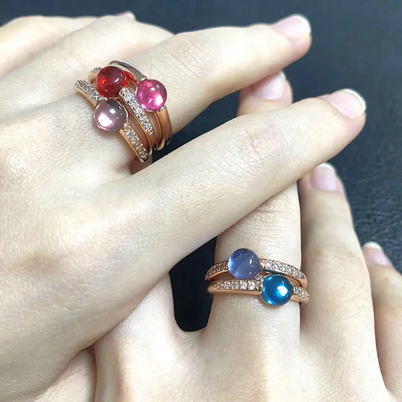 

3Pcs/Set 6mm Ring Set Stacking Mix Color Candy Crystal Ring Inlay Zircon Rose Gold Plated Amethyst Blue Topaz Round Ring