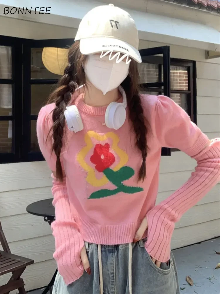 

Pullovers Women Sweet Crop Hotsweet Flower Print Chic Streetwear Soft Casual Spring Girlish All-match Tender Basic Korean Style