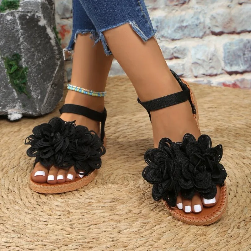 

Women's White Floral Flat Sandals Elastic Ankle Strap Open Toe Summer Beach Casual Shoes Ladies Comfort