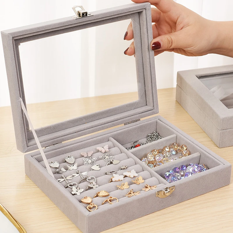 

Portable Velvet Jewelry Ring Box Jewelry Display Organizer Boxes Cover Dustproof Tray Holder Earring Ring Storage Case Showcase