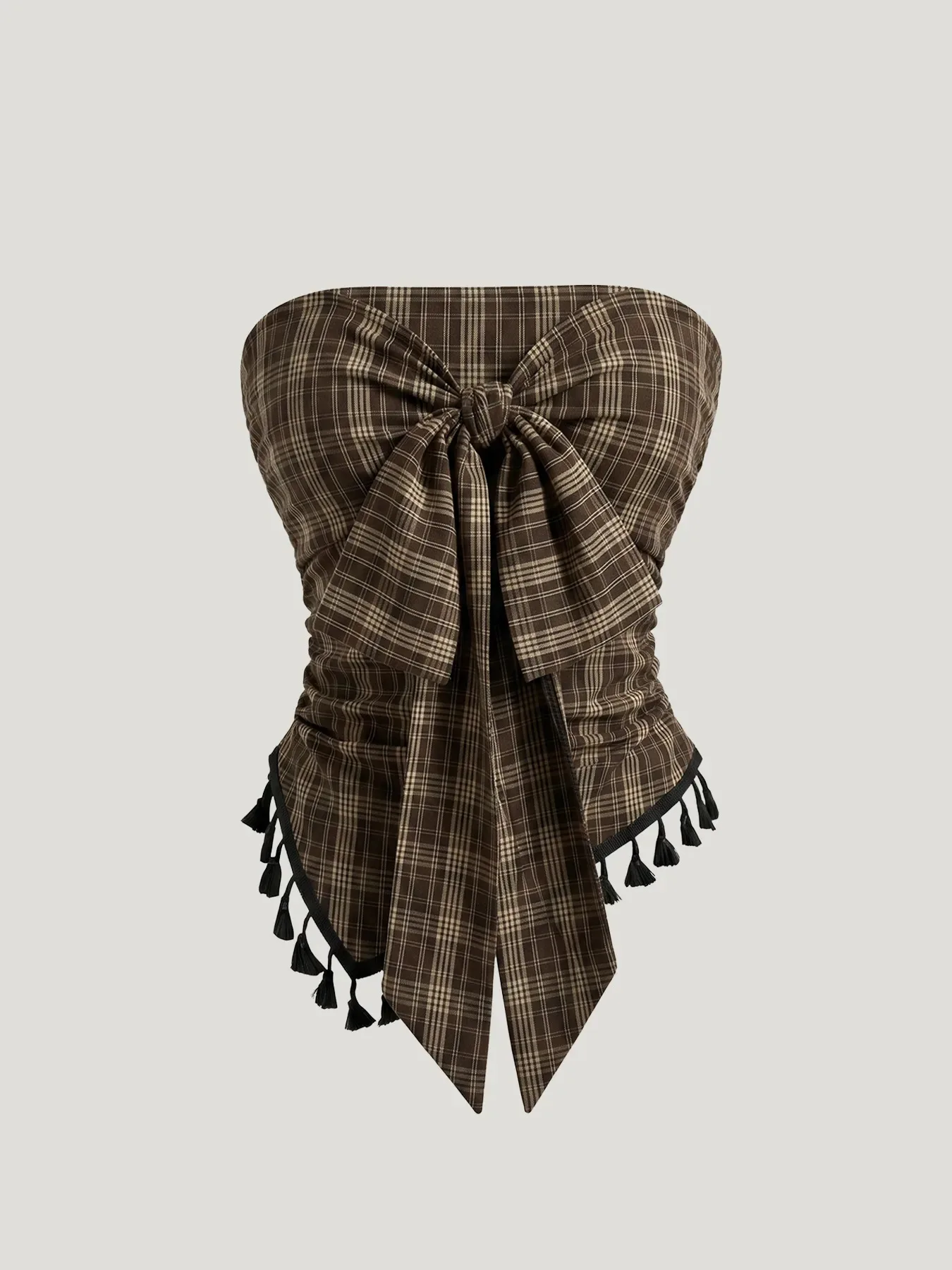 Retro checkered irregularly curved edge fringed summer sexy strap bow decoration flapper-style top trend Daily high street Y2K