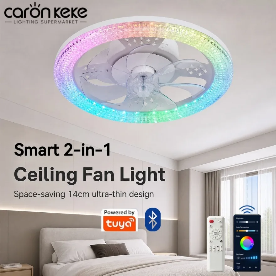 Smart Tuya Fan Ceiling Light RGB 3CCT Dimmable Bluetooth APP Remote Control 6 Gear Round LED Fans for Bedroom Dining Living Room