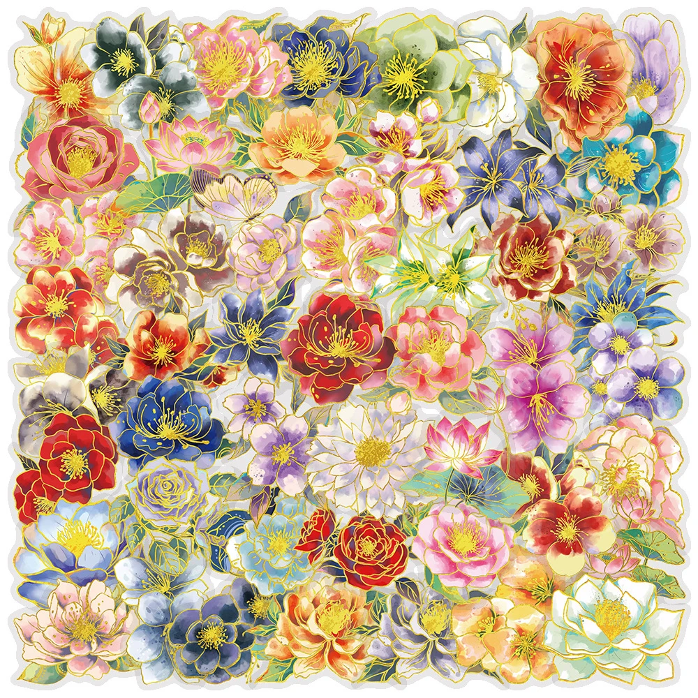 10/30/50pcs Transparent Cute Elegant Floral Stickers Gold Stamping Flowers Aesthetic Sticker DIY Laptop Notebook Suitcase Decals