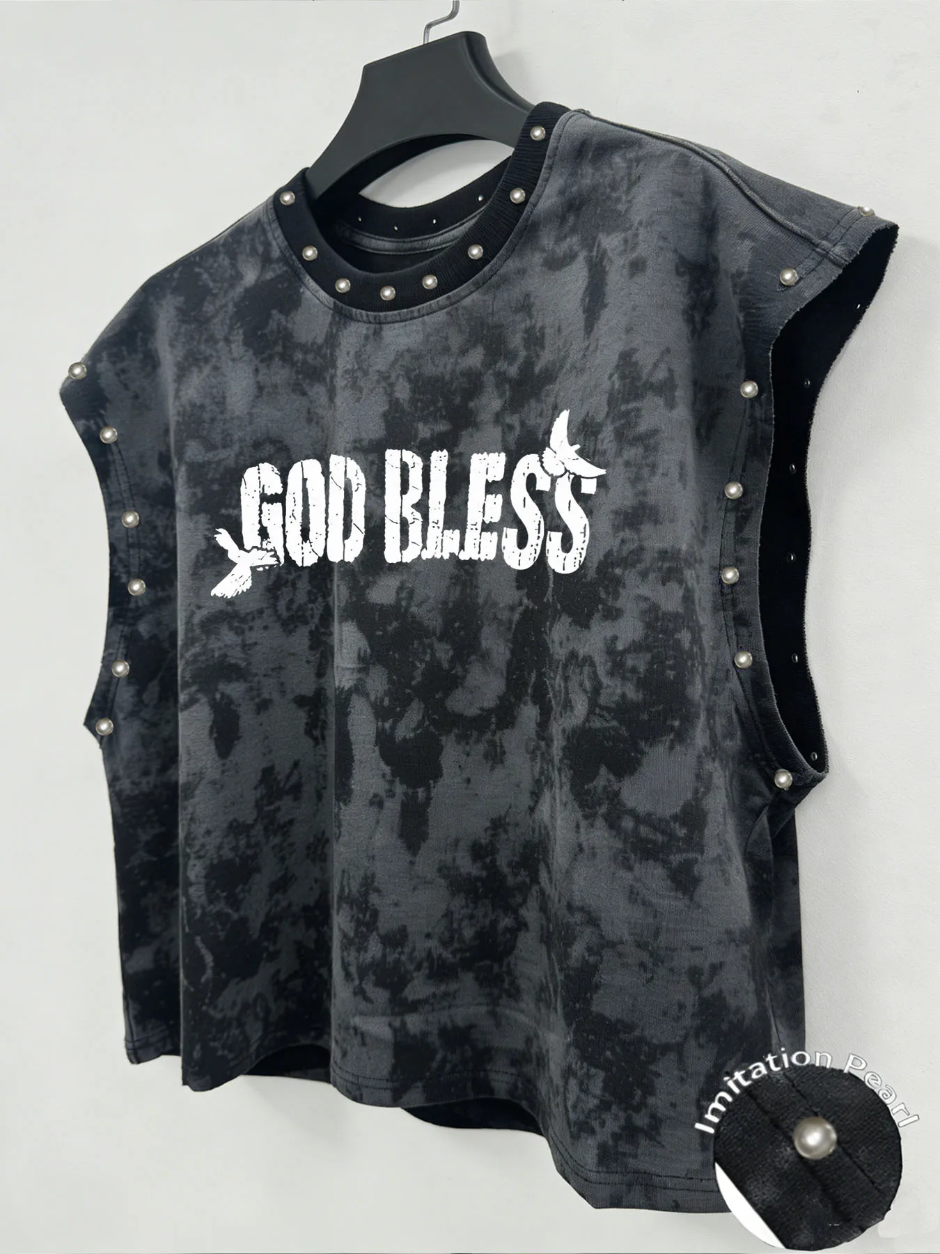 Tie Dye Sleeveless Tank Top, Double Sided Print God Bless Figure & Bird Imitation Pearl Dark Street Tank tops Mens Clothing