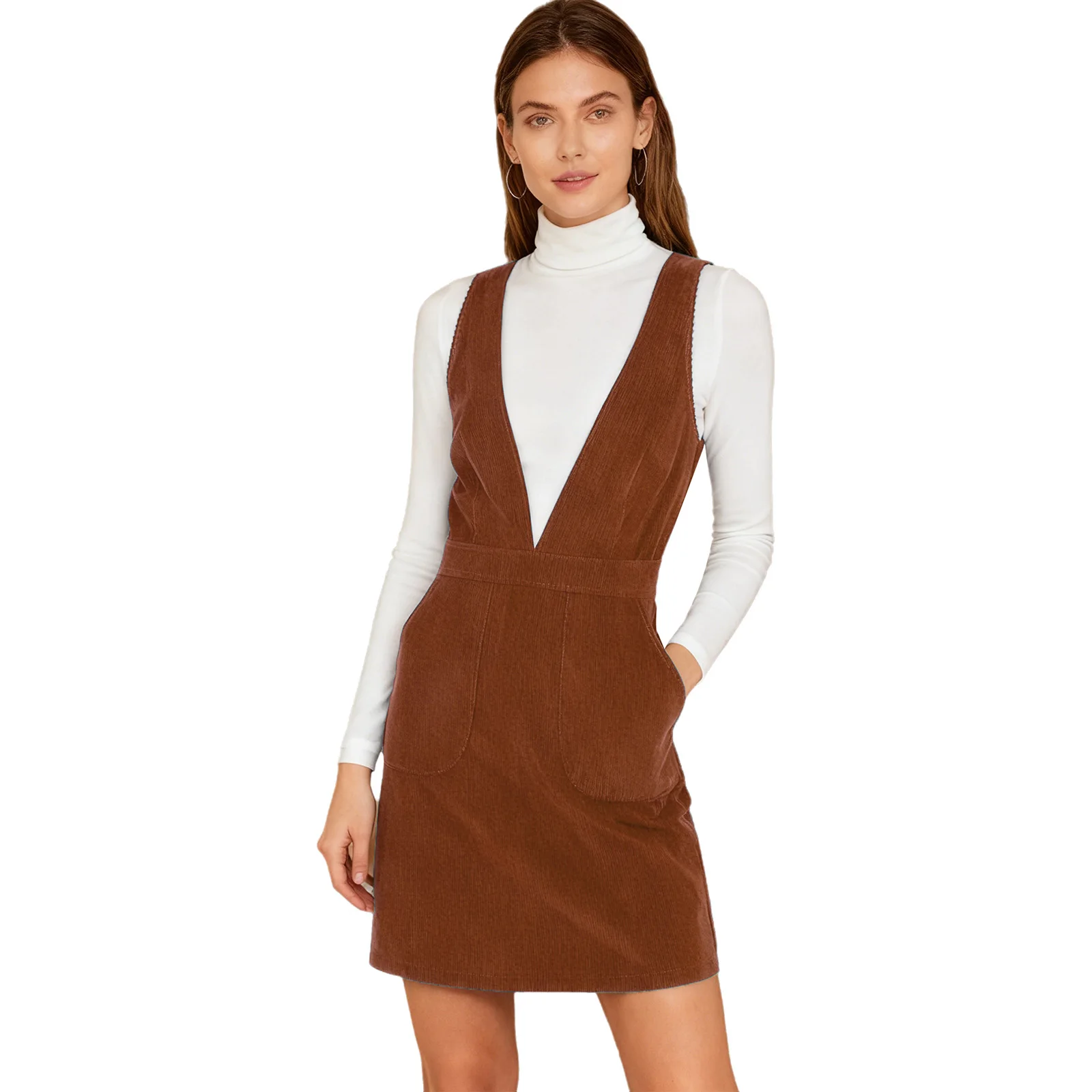 Womens Corduroy Pinafore Dress V Neck Back Crossing Straps Side Pockets Overall Dress for Daily Casual Dating Hanging Out